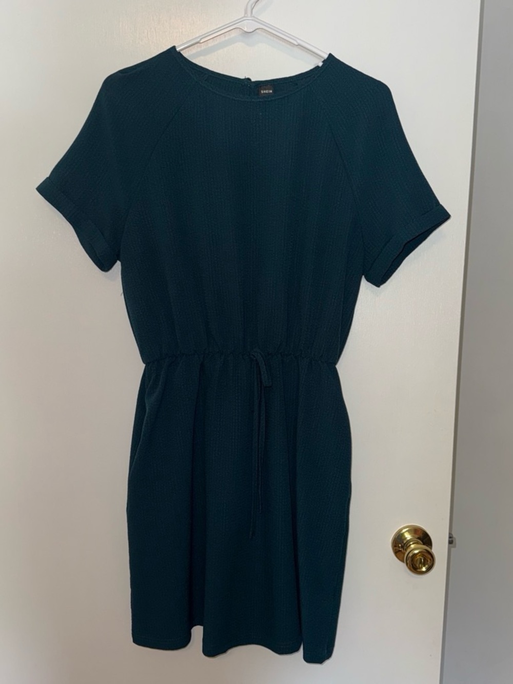 Dark Teal Short Sleeve Drawstring Waist Dress with pockets